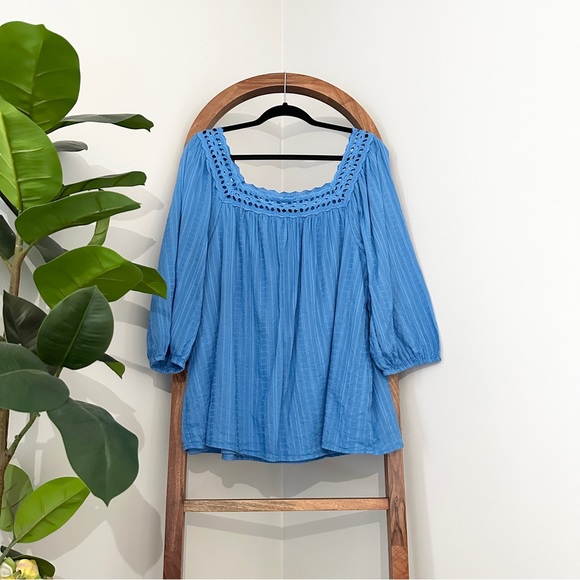 Lane Bryant 16 Blue Square Crochet Neck 3/4 Sleeve Peasant Blouse Top - Picture 2 of 7